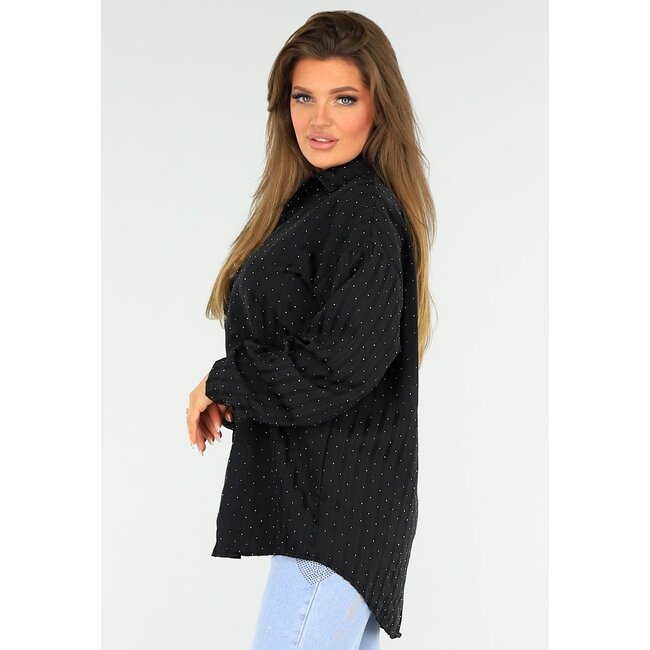 Schwarze Glitzerbluse mit Knopfverschluss und Kragen