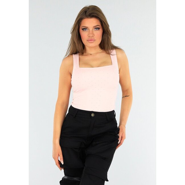 Hellrosa Glitzer-Stretch-Top mit Rundhalsausschnitt