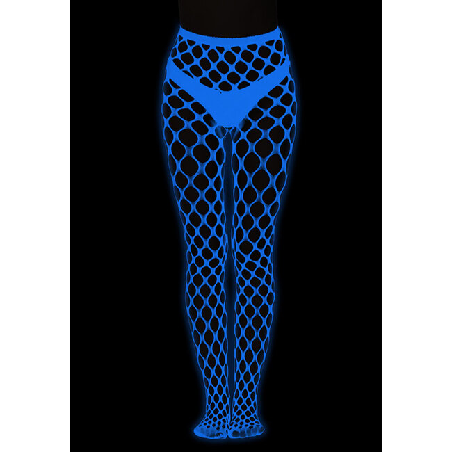 Weiße Glow in the Dark Netzstrumpfhose mit Fischnetz und blauem Effekt im Dunkeln
