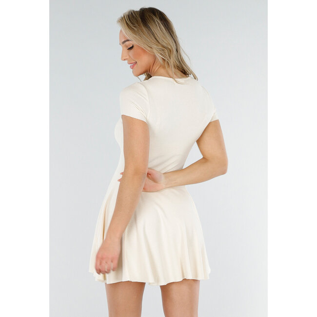 Elfenbeinfarbenes Kleid aus geripptem Stoff mit Stretch und V-Ausschnitt