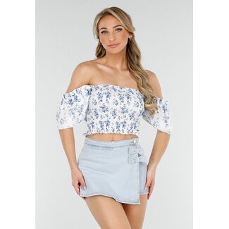 Weißes schulterfreies Crop-Top mit Blumendruck