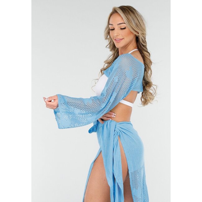 Blaues gehäkeltes Cover-Up Set mit Herzmotiv und passendem Bolero