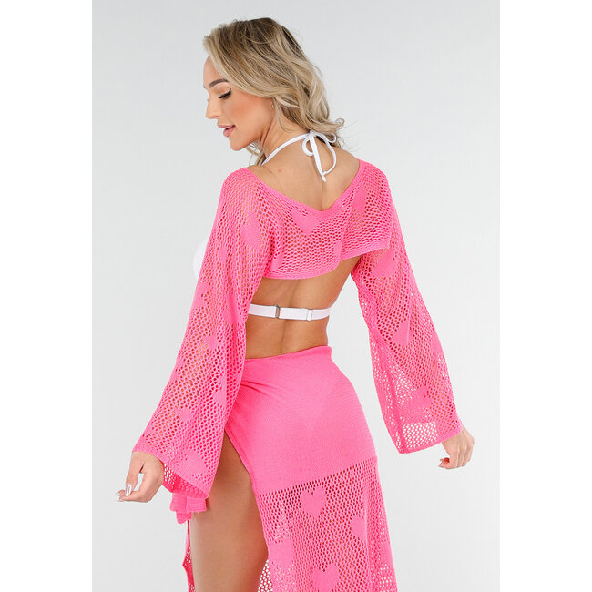 Leuchtend rosa gehäkeltes Cover-Up Set mit Herzchen-Muster und Bolero