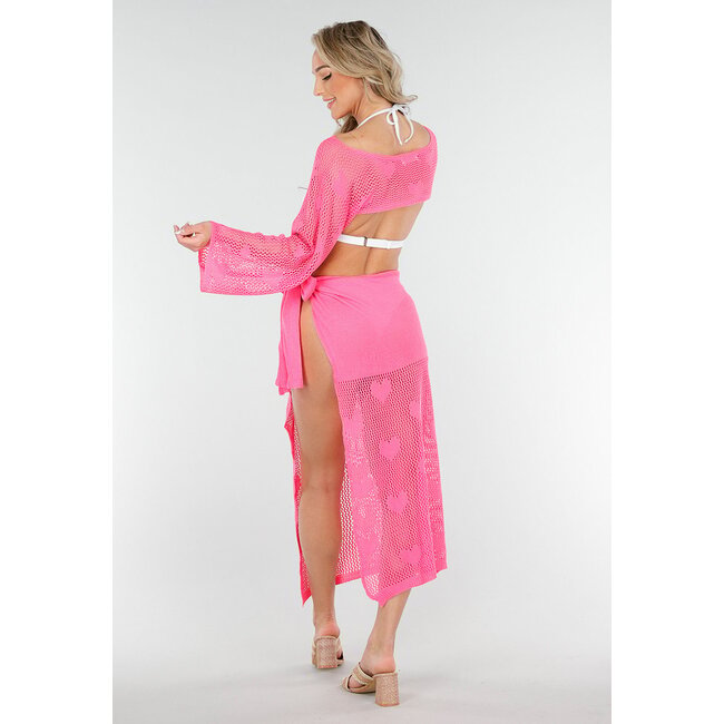 Leuchtend rosa gehäkeltes Cover-Up Set mit Herzchen-Muster und Bolero