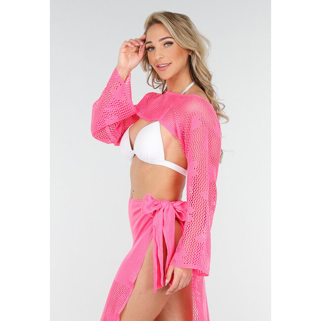 Leuchtend rosa gehäkeltes Cover-Up Set mit Herzchen-Muster und Bolero
