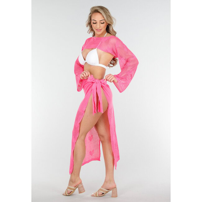 Leuchtend rosa gehäkeltes Cover-Up Set mit Herzchen-Muster und Bolero
