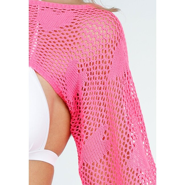 Leuchtend rosa gehäkeltes Cover-Up Set mit Herzchen-Muster und Bolero