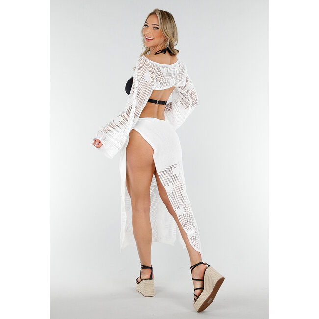 Weißes gehäkeltes Cover-Up Set mit Herzmuster und Bolero