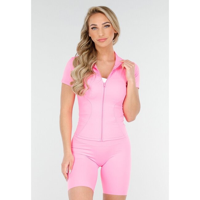 Leuchtend rosa Kurzarm-Sport-Set Jacke und Short mit hohem Korrekturbund