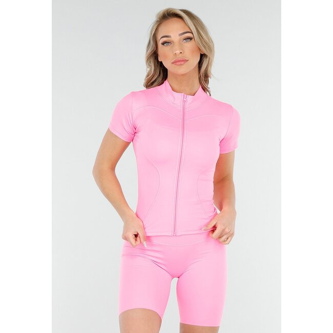 Leuchtend rosa Kurzarm-Sport-Set Jacke und Short mit hohem Korrekturbund