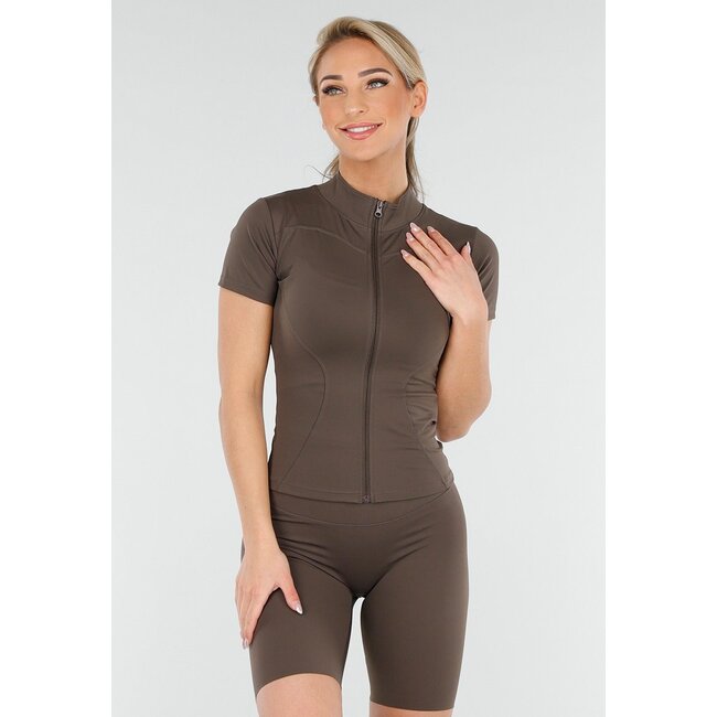 Braunes Sport-Set mit Kurzarm-Jacke und Shapewear-Short mit hohem Taillenbund