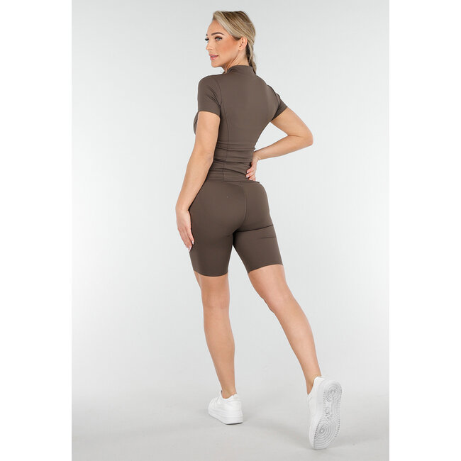 Braunes Sport-Set mit Kurzarm-Jacke und Shapewear-Short mit hohem Taillenbund