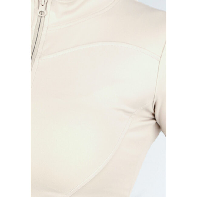 Beigefarbenes Sport-Set mit Kurzarm-Jacke, High-Waist-Short und Korrekturband