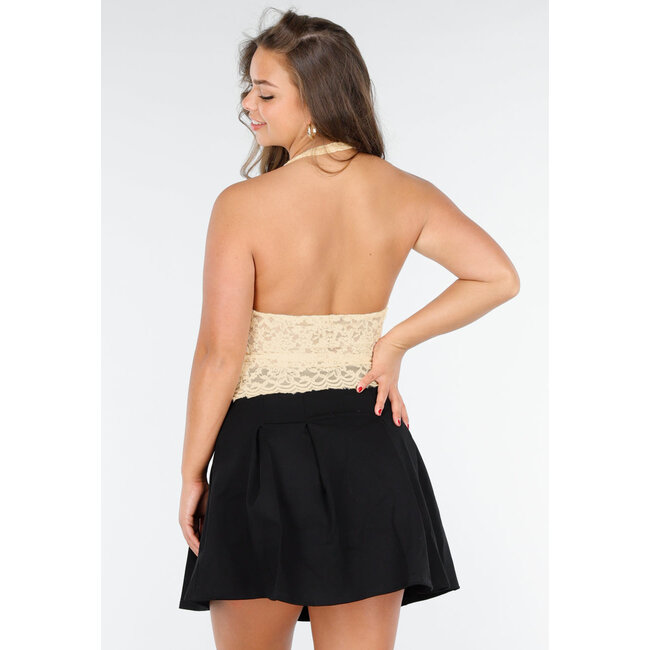 Vanillefarbenes Spitzenhalfter-Crop-Top mit tiefem V-Ausschnitt
