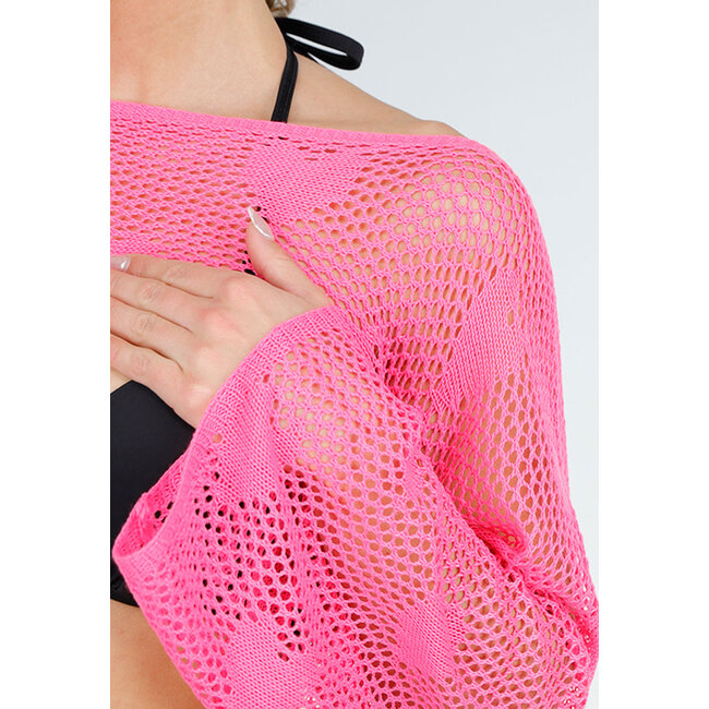 Leuchtend rosa Häkel-Bolero mit langen Ärmeln und offener Struktur