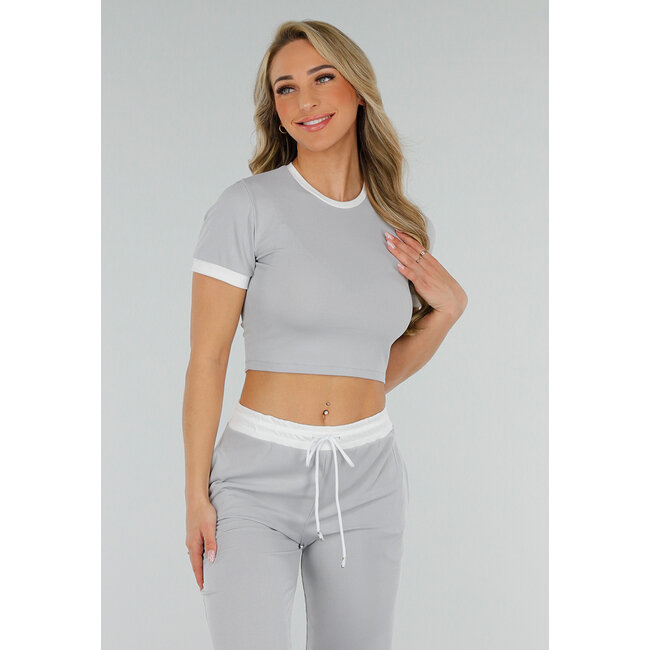 Graues zweiteiliges Set mit langer Hose und kurzem Oberteil mit Colourblocking-Details