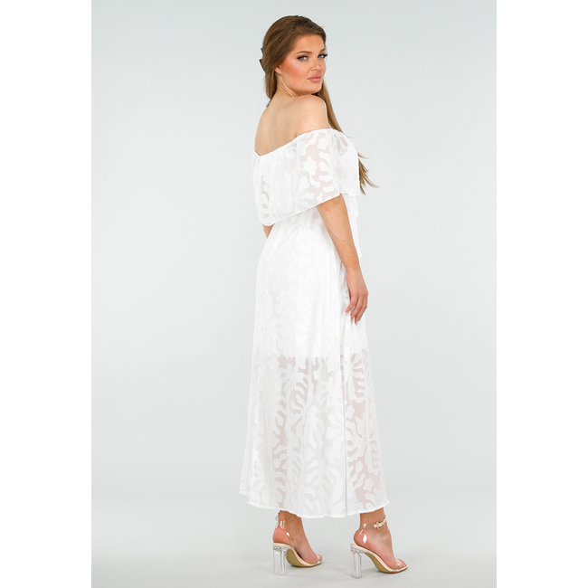 Weißes schulterfreies Maxikleid mit Spitze und Taillenschnur