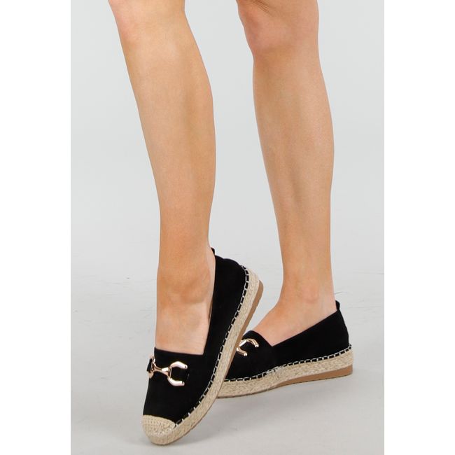 Schwarze Espadrilles aus Wildleder mit Bit-Verschluss und geflochtener Sohle