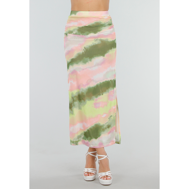 Grüner rosa Stretch-Maxirock mit hoher Taille und Falten