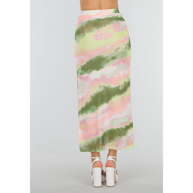 Grüner rosa Stretch-Maxirock mit hoher Taille und Falten