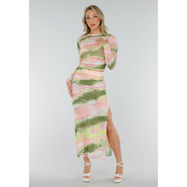 Grüner rosa Stretch-Maxirock mit hoher Taille und Falten