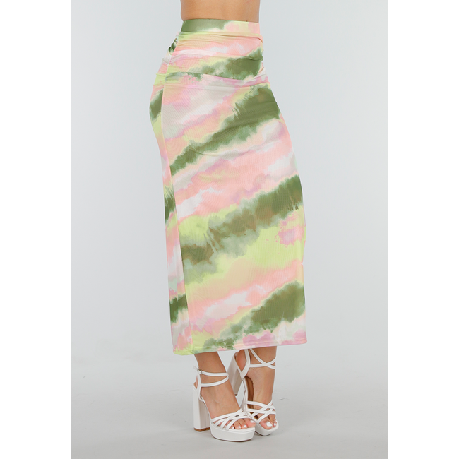 Grüner rosa Stretch-Maxirock mit hoher Taille und Falten