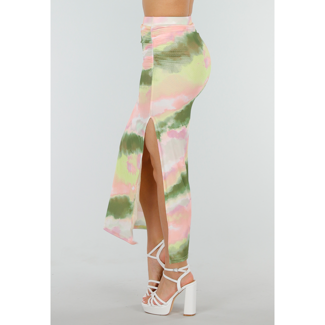 Grüner rosa Stretch-Maxirock mit hoher Taille und Falten