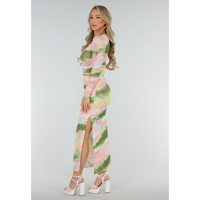Grüner rosa Stretch-Maxirock mit hoher Taille und Falten