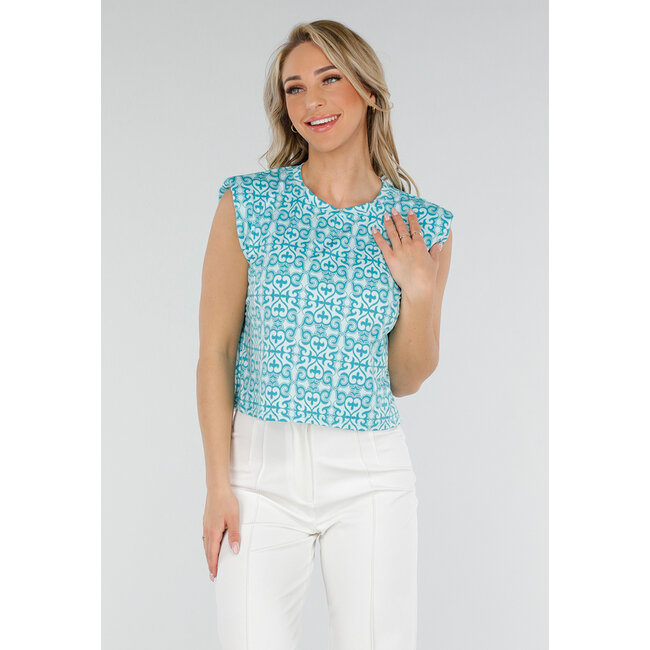 Ärmelloses Azure Stretch Top in lockerer Passform mit Barockdruck und Schulterpolsterung
