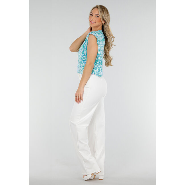 Ärmelloses Azure Stretch Top in lockerer Passform mit Barockdruck und Schulterpolsterung