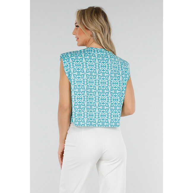 Ärmelloses Azure Stretch Top in lockerer Passform mit Barockdruck und Schulterpolsterung