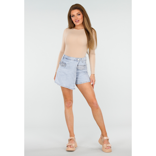 Beigefarbener Basic String Bodysuit mit Stretch und langen Ärmeln