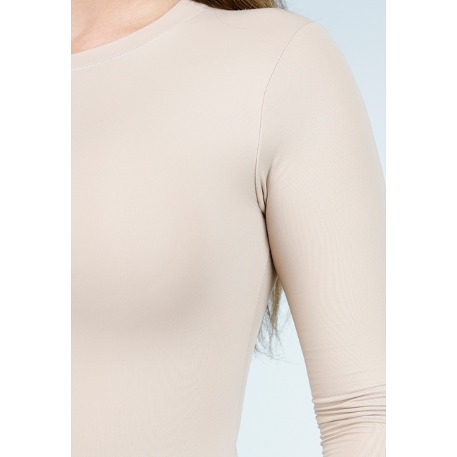 Beigefarbener Basic String Bodysuit mit Stretch und langen Ärmeln
