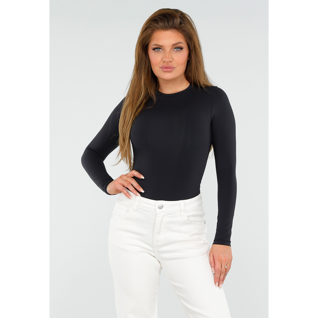 Schwarzer Stretch-String-Bodysuit mit langen Ärmeln und Rundhalsausschnitt