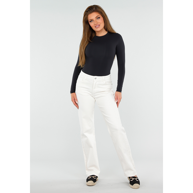 Schwarzer Stretch-String-Bodysuit mit langen Ärmeln und Rundhalsausschnitt
