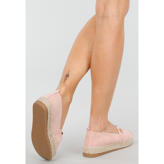 Hellrosa Espadrilles in Wildlederoptik mit geflochtener Sohle und goldener Spitze