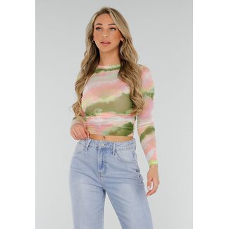 Muticolour-Stretch-Crop-Top aus Mesh mit langen Ärmeln
