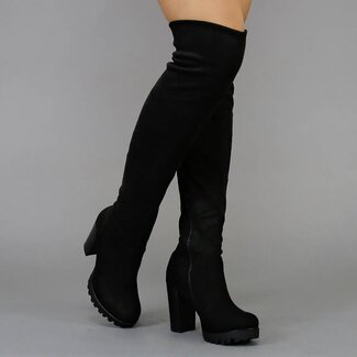 Schwarze Overknee-Stiefel mit Blockabsatz in Wildlederoptik