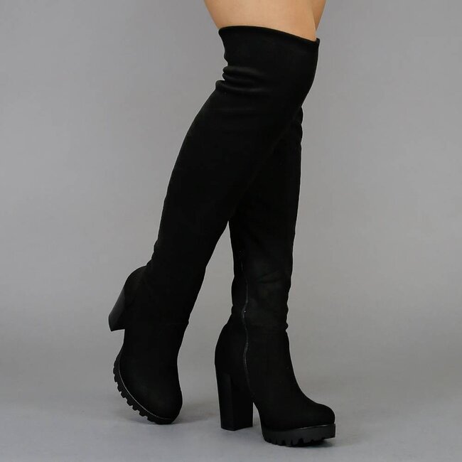 Schwarze Overknee-Stiefel mit Blockabsatz in Wildlederoptik