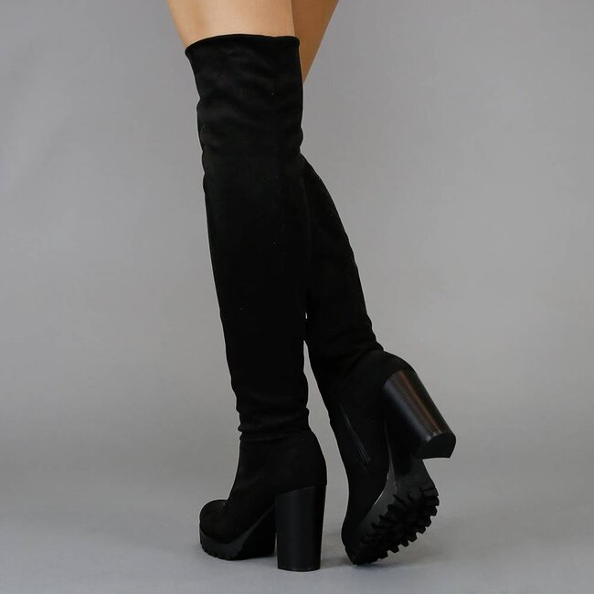 Schwarze Overknee-Stiefel mit Blockabsatz in Wildlederoptik