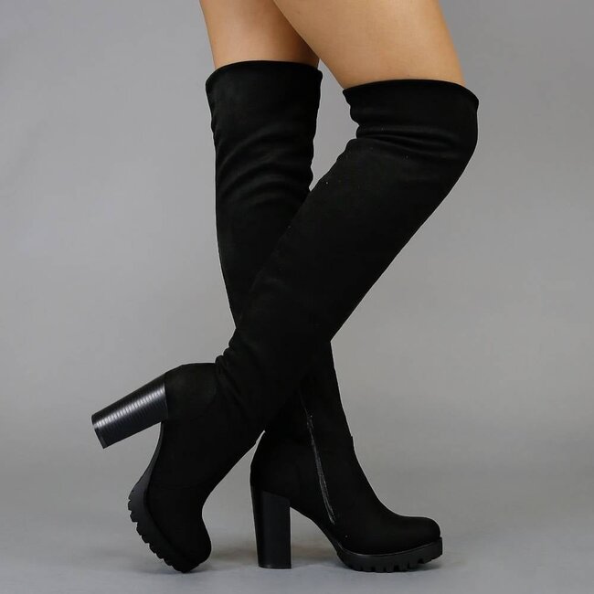 Schwarze Overknee-Stiefel mit Blockabsatz in Wildlederoptik