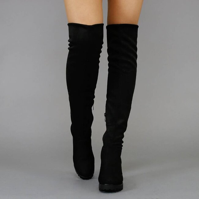 Schwarze Overknee-Stiefel mit Blockabsatz in Wildlederoptik
