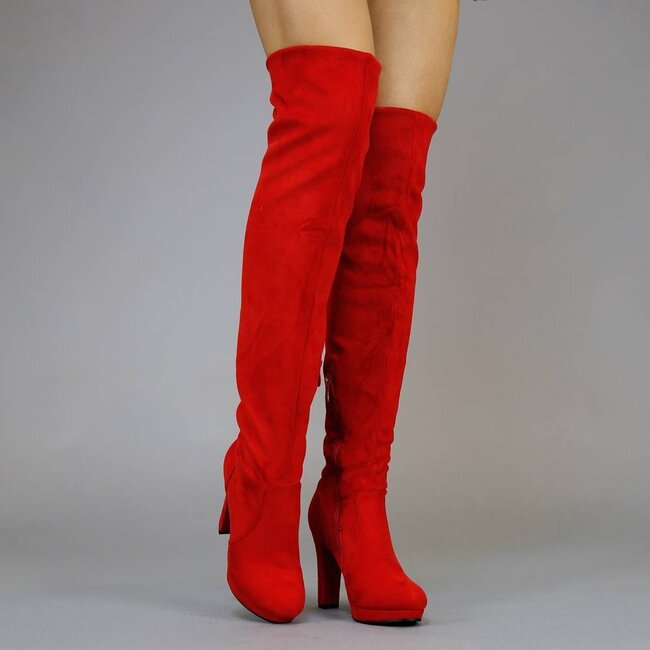 Rote Overknee-Stiefel in Wildlederoptik mit Absatz