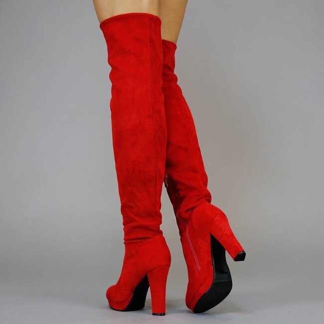 Rote Overknee-Stiefel in Wildlederoptik mit Absatz
