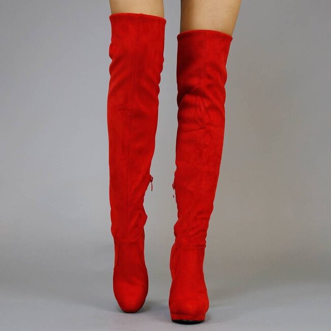 Rote Overknee-Stiefel in Wildlederoptik mit Absatz