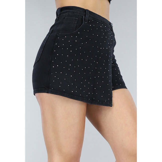 Schwarzer Denim-Skort mit Glitzeraufschlag