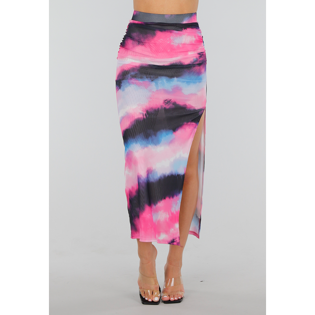 Mehrfarbiger Maxi-Stretch-Rock mit hoher Taille, Bund und Falten