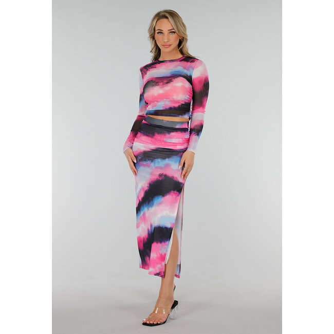 Mehrfarbiger Maxi-Stretch-Rock mit hoher Taille, Bund und Falten
