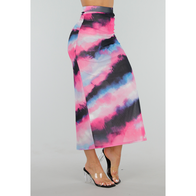 Mehrfarbiger Maxi-Stretch-Rock mit hoher Taille, Bund und Falten