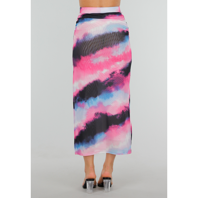 Mehrfarbiger Maxi-Stretch-Rock mit hoher Taille, Bund und Falten
